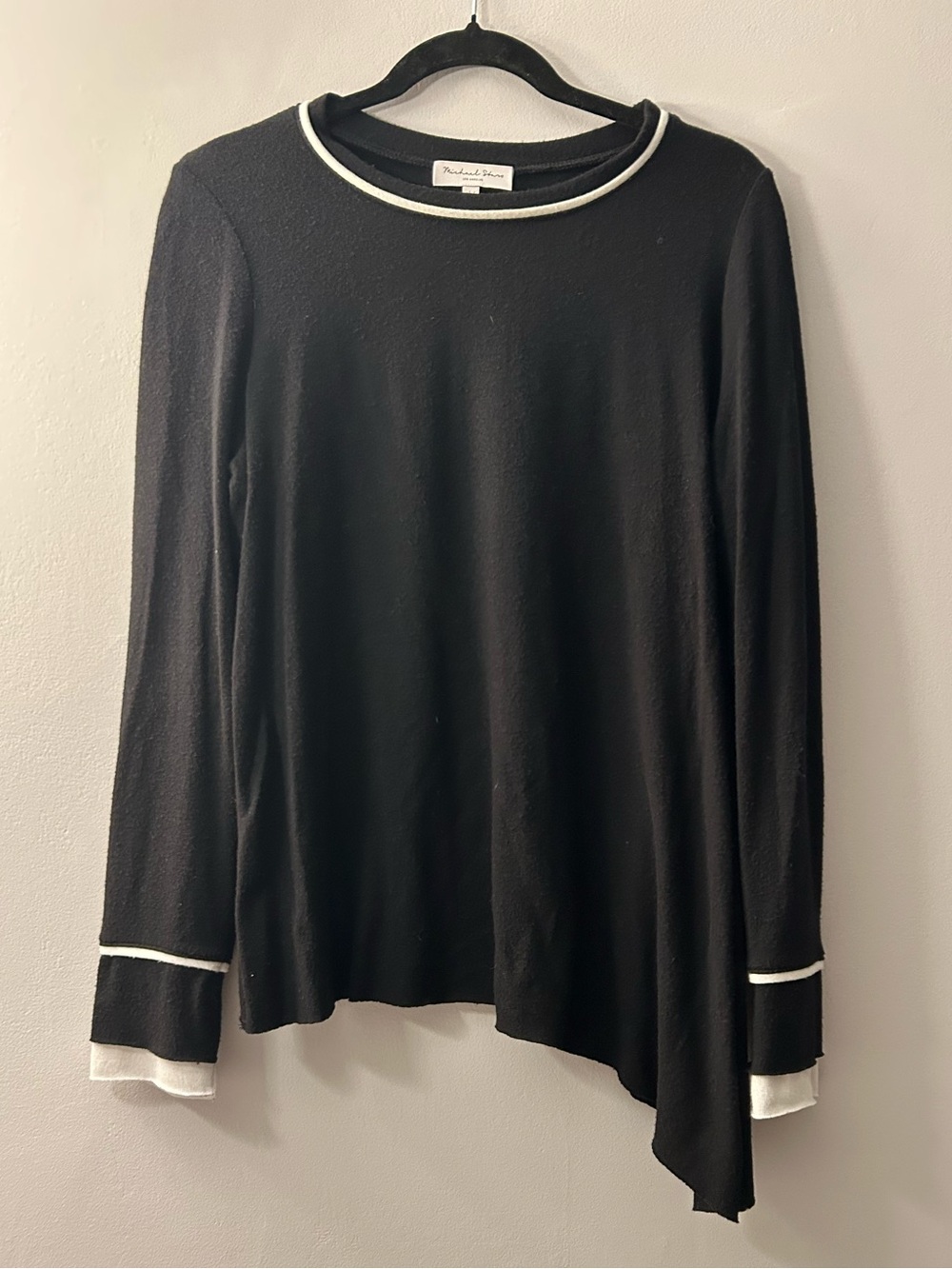 Michael Stars Black Long-Sleeve Knit Top with White Trim and Diagonal Hemline